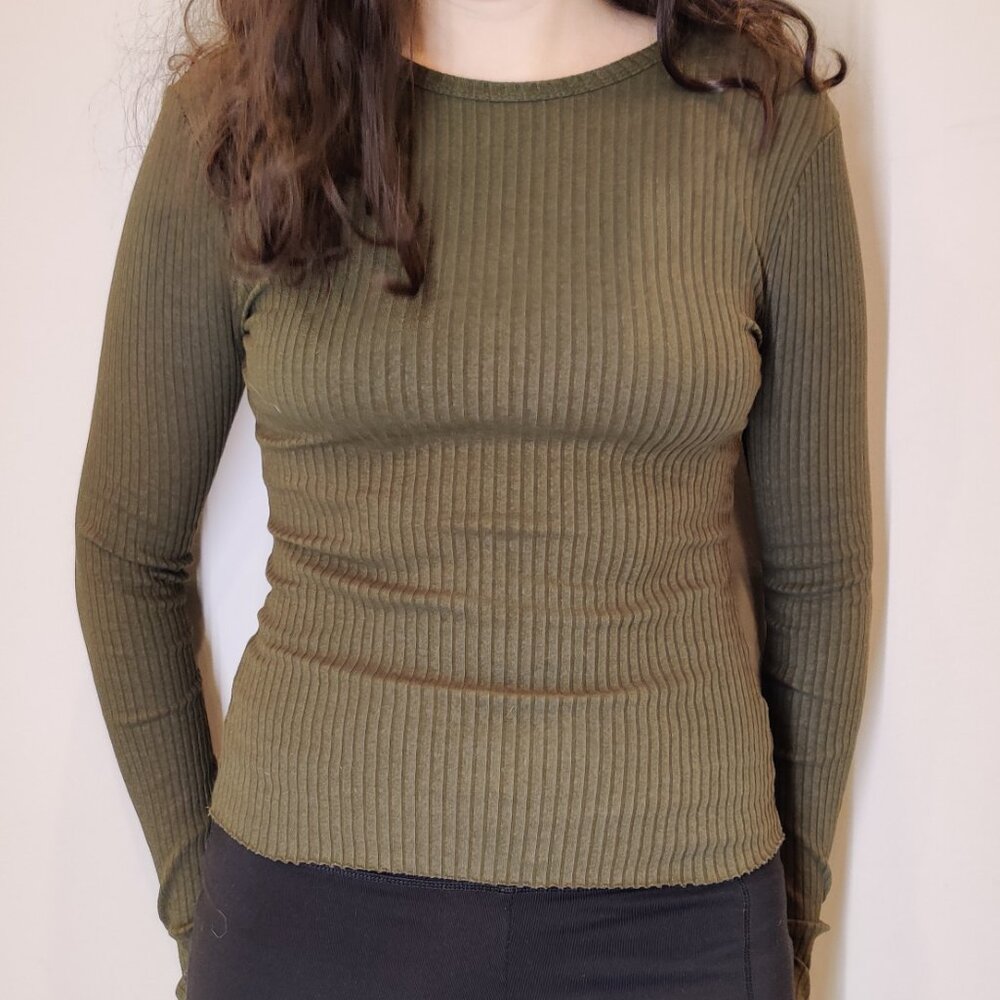 Urban Outfitters Women's Dark Olive Stretchy Ribbed Long Sleeve Shirt | Medium